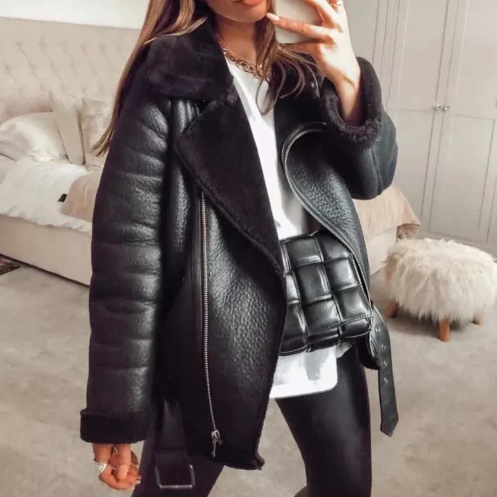 Zara Black Faux Leather Shearling Jacket